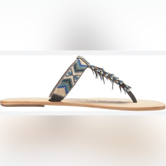 SAM EDELMAN Anella Beaded Fringe Thong Sandals in a Blue Multi Color. Size 7.5 - Picture 1 of 15